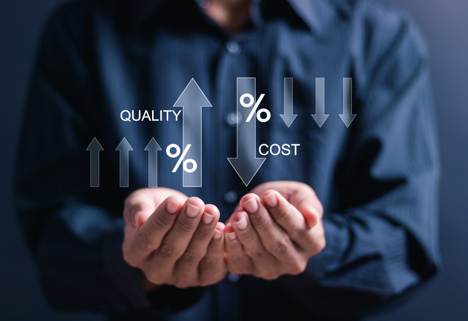 Cost and quality control concept. Person hold virtual cost and quality icons to Improve work efficiency for quality control and company cost reduction. Successful organization strategy and management
